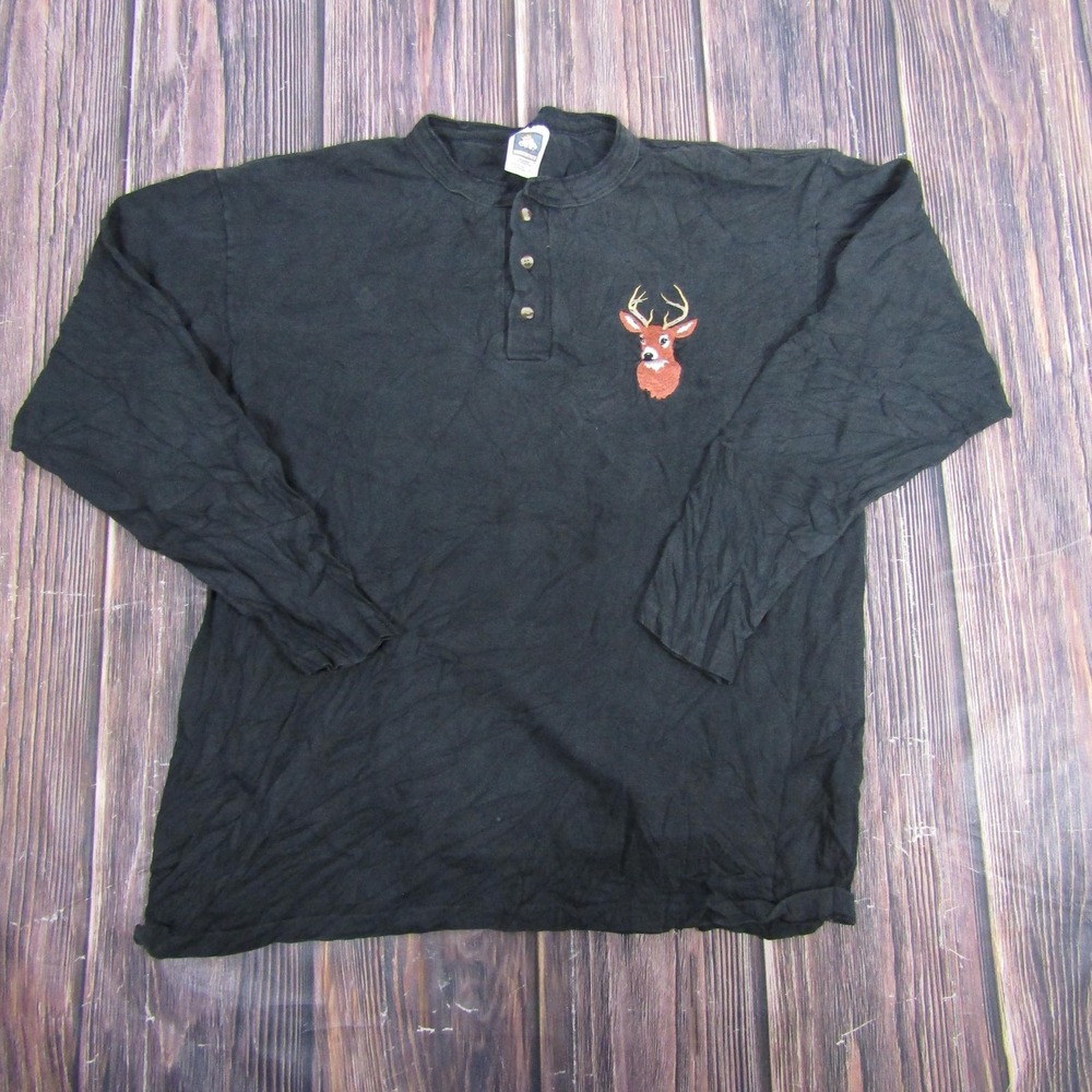 Vintage Cotton Deluxe Shirt Mens Large Black Henley Deer Embroidered 90s